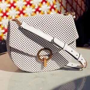 Sandro White Gold Leather Perforated Pepita Crossbody